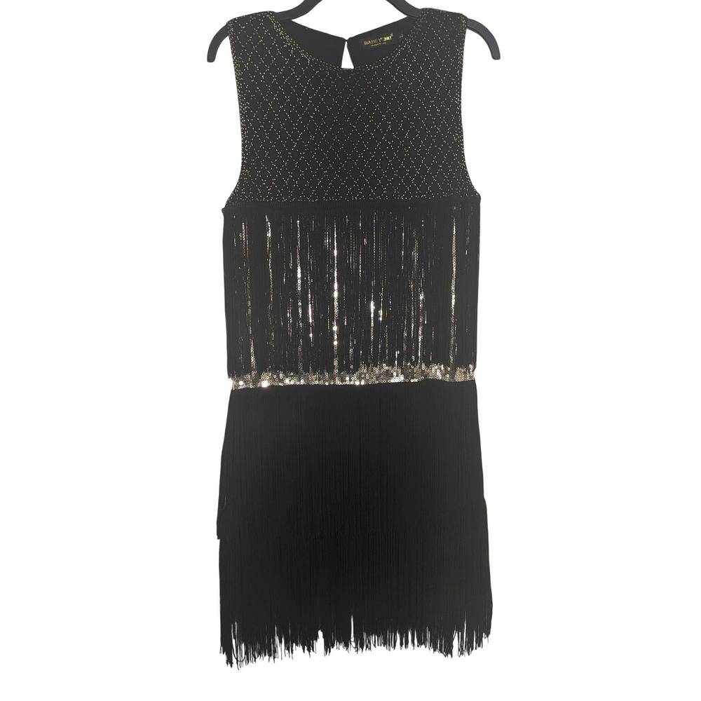 Babeyond Modern Black‎ Gold Tiered Tassel Vintage Gatsby Flapper Midi Dress L